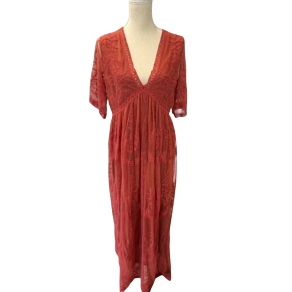 "PINK BLUSH" Women's Embroidered V‎ Neck Peach/Orange Babydoll SZ M Boho Gypsy